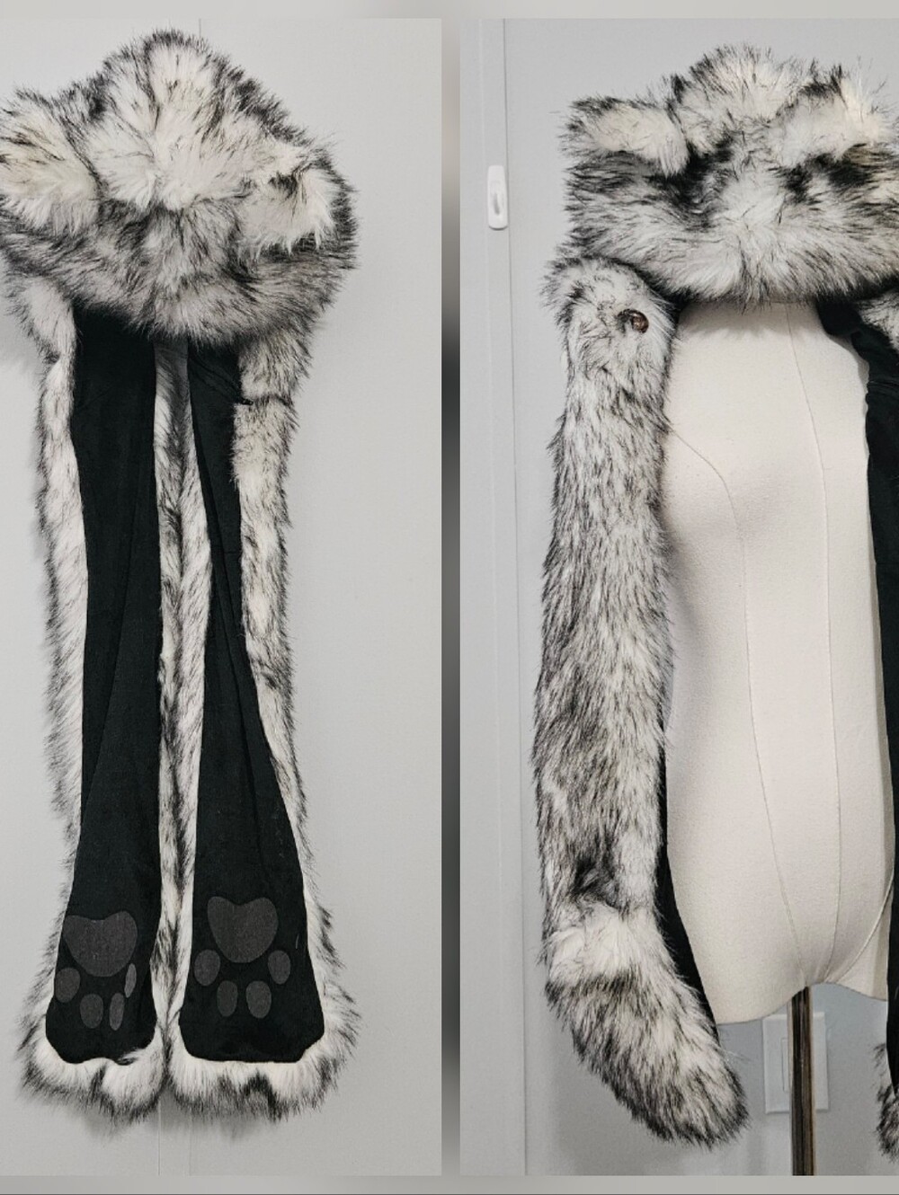 iHeartRaves White Black Faux Fur Fuzzy Wolf Dog Cat Animal Hat Scarf with Extend